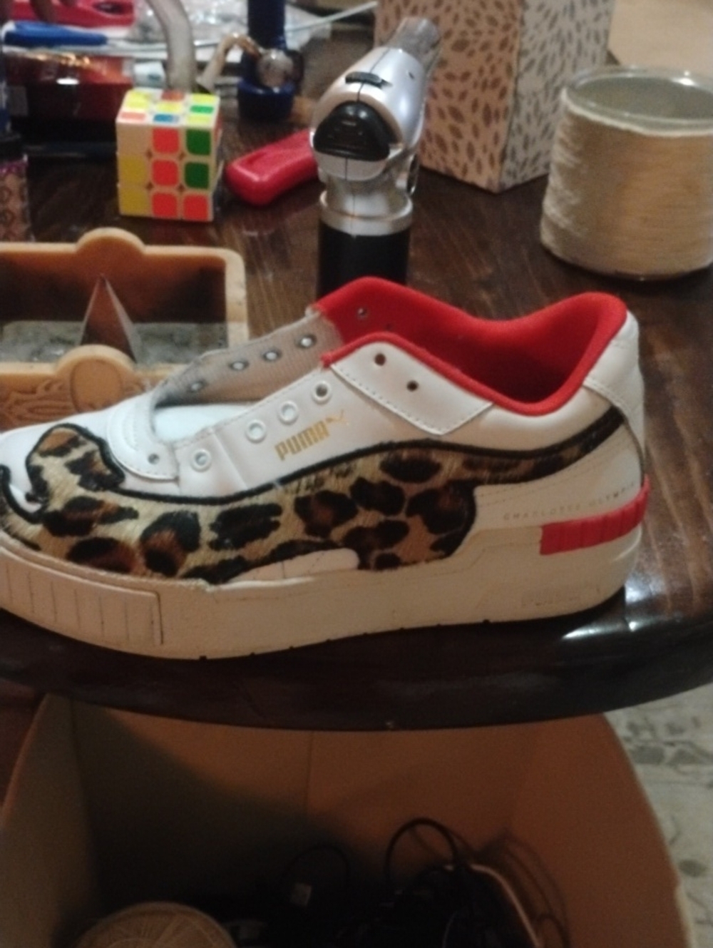 Puma Kids Leopard-Print Low Top Sneakers in White and Red
